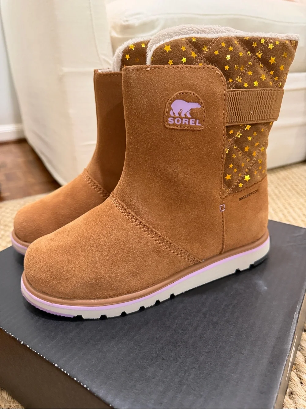 NEW Sorel Youth Rylee WP Winter Boots with Gold Stars and Pink Trim